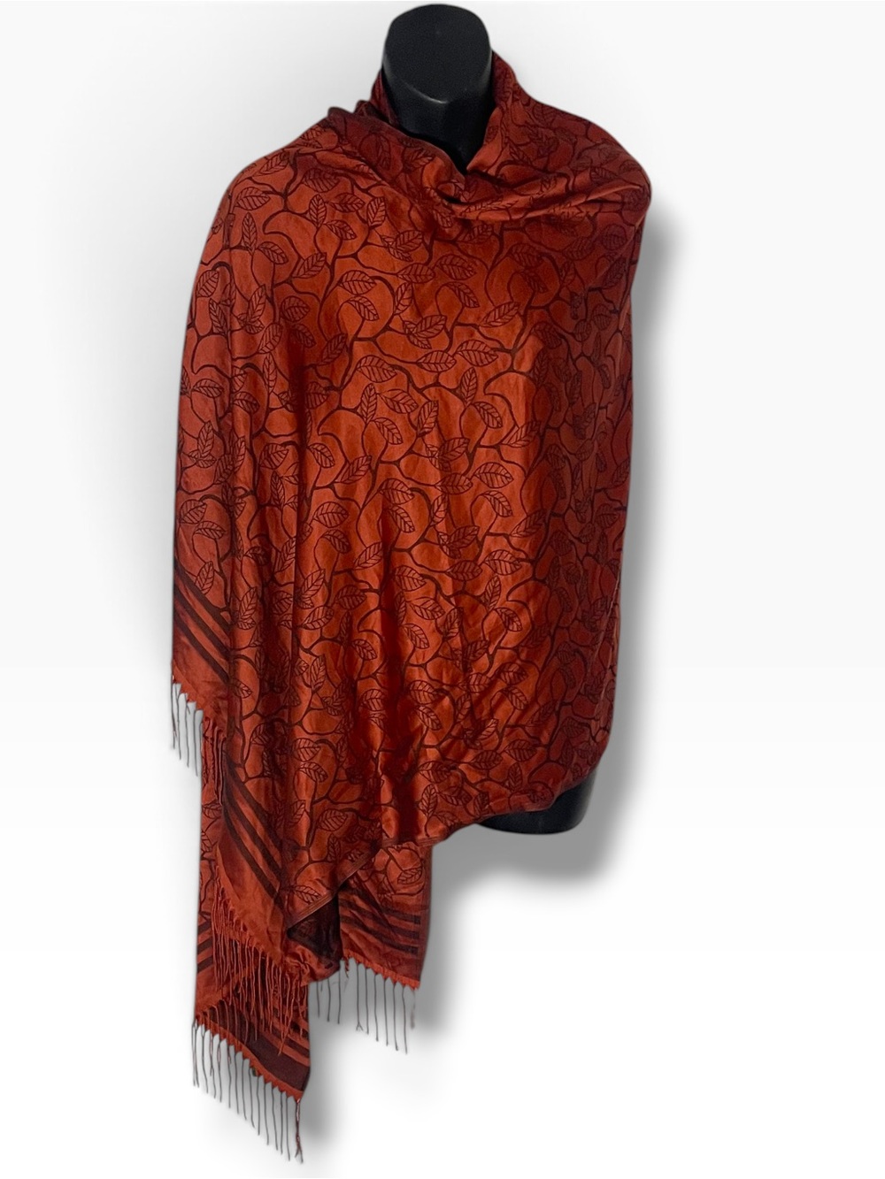 π Balse NWT Boho Rust Orange Leaf Pattern Pashmina Shawl Wrap Scarf Fringe